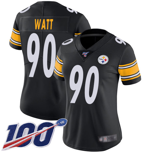 Women Pittsburgh Steelers Football 90 Limited Black T J Watt Home 100th Season Vapor Untouchable Nike NFL Jersey
